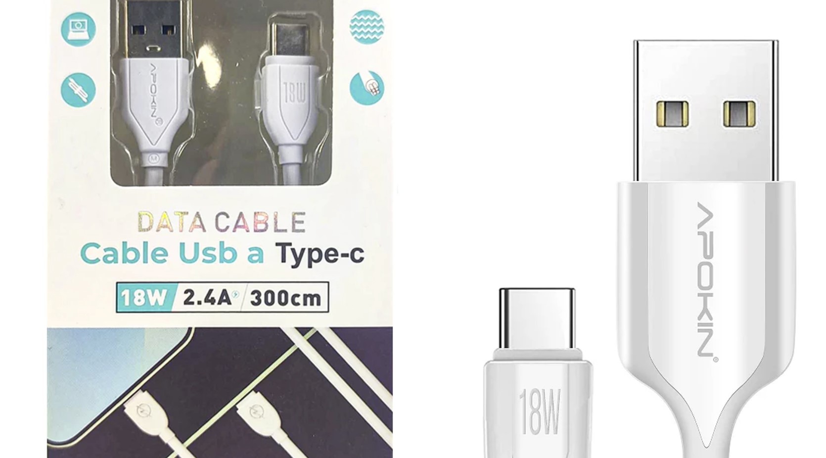 16963-01.jpg Кабел за данни и бързо зареждане 3.0A APOKIN USB 2.4 към тип C, 100 см - Image 1